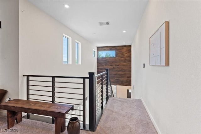 9710 Hiking Ave, Las Vegas, NV 89166 - hallway with an upstairs landing, recessed lighting, baseboards, and carpet