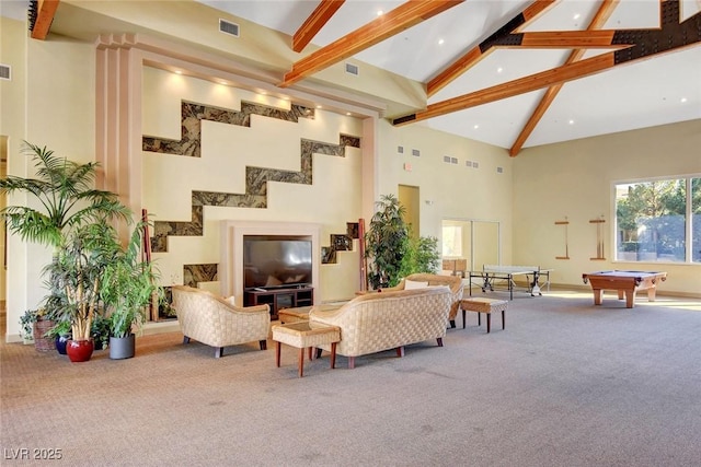 living room featuring high vaulted ceiling, carpet flooring, billiards, and beam ceiling