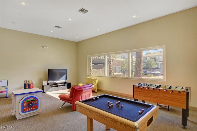 game room with carpet, recessed lighting, and baseboards