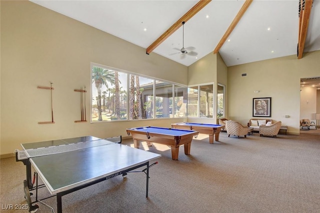 playroom with carpet, beamed ceiling, high vaulted ceiling, billiards, and a ceiling fan