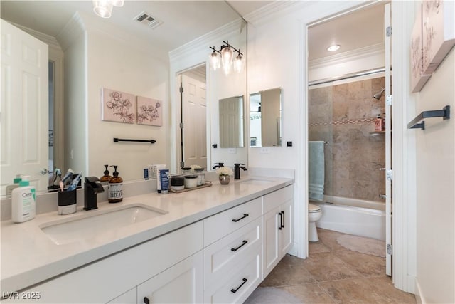 10002 Trapper Mountain St, Las Vegas, NV 89178 - full bath with ornamental molding, toilet, double vanity, and tub / shower combination