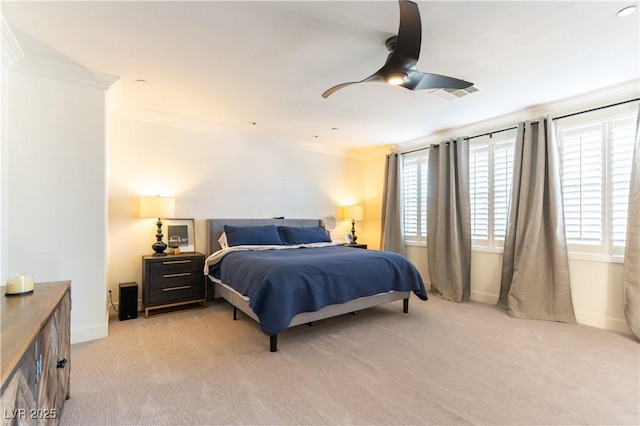 10002 Trapper Mountain St, Las Vegas, NV 89178 - bedroom with ornamental molding, light colored carpet, baseboards, and ceiling fan