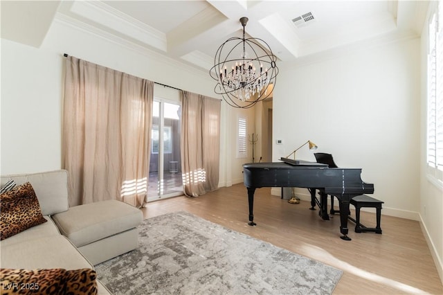 10002 Trapper Mountain St, Las Vegas, NV 89178 - living area featuring wood finished floors, a chandelier, ornamental molding, coffered ceiling, and beamed ceiling