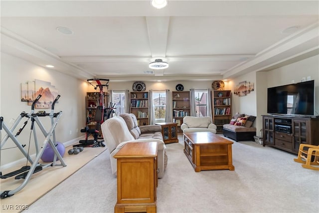 8275 Old Creek Ranch St, Las Vegas, NV 89139 - living area featuring light carpet, beamed ceiling, baseboards, and recessed lighting