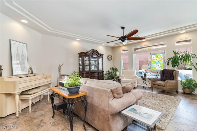 8275 Old Creek Ranch St, Las Vegas, NV 89139 - living area featuring a ceiling fan, recessed lighting, and a tray ceiling