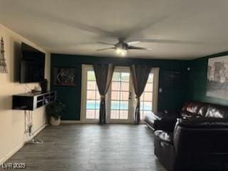 5804 Balzar Ave, Las Vegas, NV 89108 - living room with a ceiling fan, wood finished floors, and baseboards