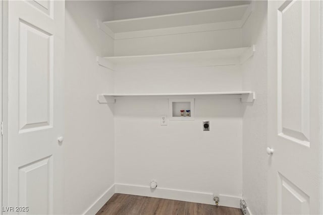 829 Rock Springs Dr Unit 201, Las Vegas, NV 89128 - laundry area with gas dryer hookup, hookup for a washing machine, dark wood-style floors, baseboards, and hookup for an electric dryer