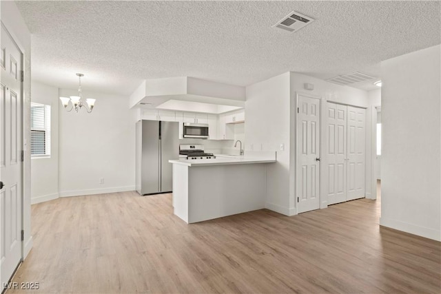 829 Rock Springs Dr Unit 201, Las Vegas, NV 89128 - kitchen with stainless steel appliances, light wood-type flooring, a chandelier, a peninsula, and a textured ceiling