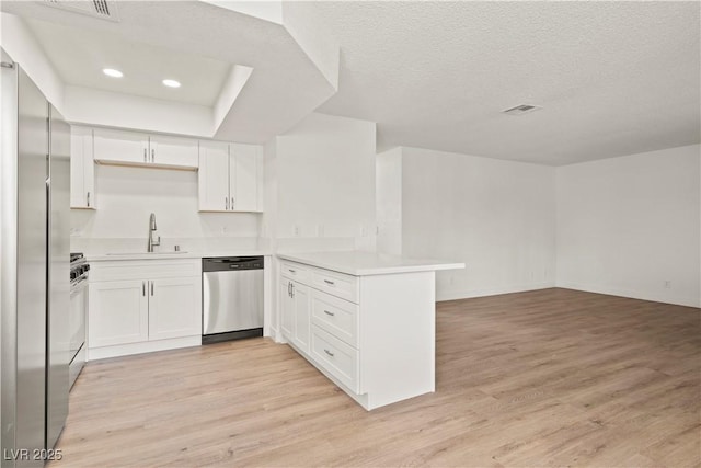829 Rock Springs Dr Unit 201, Las Vegas, NV 89128 - kitchen with appliances with stainless steel finishes, a peninsula, a sink, light wood-style floors, and open floor plan