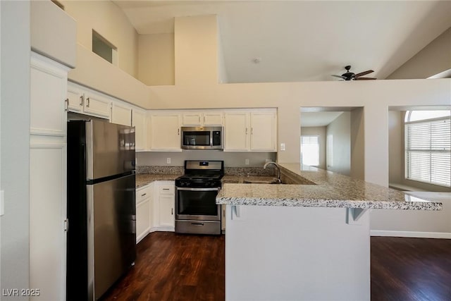 3416 Steppe St, North Las Vegas, NV 89032 - kitchen with appliances with stainless steel finishes, a peninsula, dark wood-type flooring, a sink, and high vaulted ceiling