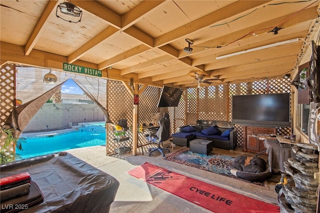 251 Las Palmaritas Dr, Las Vegas, NV 89110 - view of patio / terrace with a fenced backyard, a pool with connected hot tub, and an outdoor living space with a fire pit