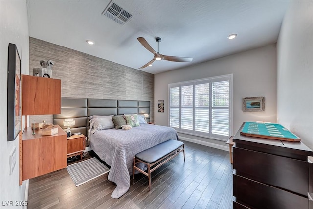 125 Mirage View Dr, Henderson, NV 89011 - bedroom with wood finished floors, baseboards, recessed lighting, ceiling fan, and an accent wall