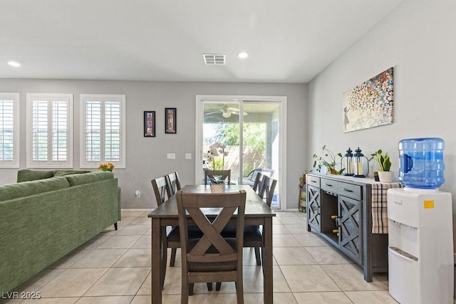 dining room featuring light tile patterned floors, recessed lighting, and a ceiling fan