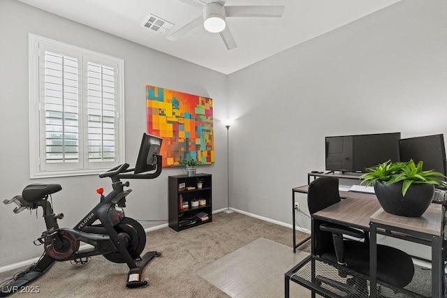office with ceiling fan, baseboards, and carpet floors