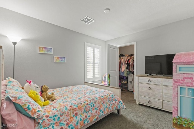 carpeted bedroom with a spacious closet and a closet