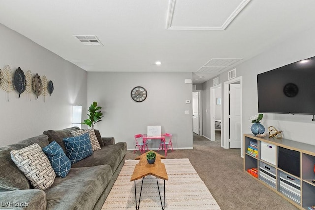 carpeted living room featuring baseboards