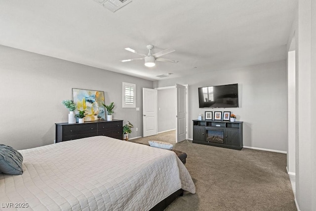 bedroom featuring baseboards, carpet floors, and ceiling fan