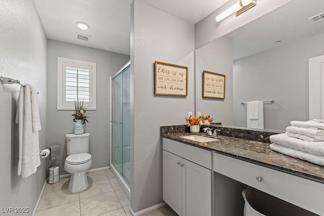 full bath with toilet, a shower stall, vanity, baseboards, and tile patterned floors