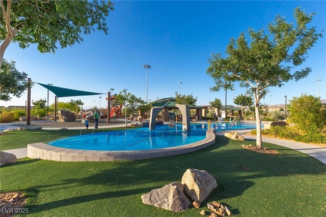 view of pool with a yard