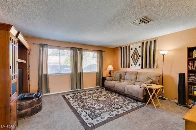 carpeted living area with a textured ceiling