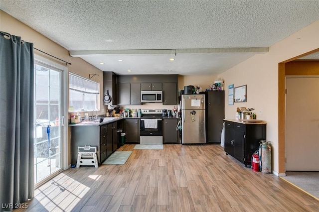 kitchen with stainless steel appliances, a textured ceiling, light wood-type flooring, dark cabinetry, and a sink
