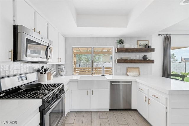 325 Heather Dr, Henderson, NV 89002 - kitchen with stainless steel appliances, open shelves, a sink, and plenty of natural light