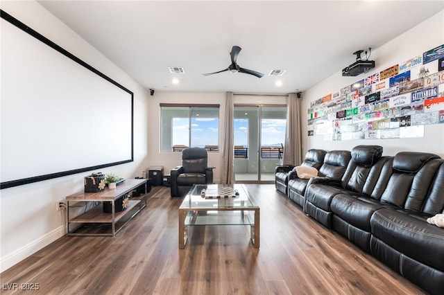 212 Harris Peak St, Las Vegas, NV 89138 - home theater room featuring ceiling fan, wood finished floors, and recessed lighting