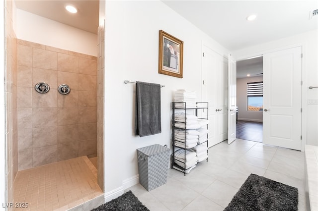 212 Harris Peak St, Las Vegas, NV 89138 - bathroom with a walk in shower, tile patterned floors, and recessed lighting