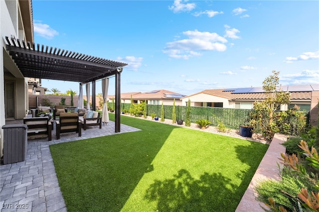 212 Harris Peak St, Las Vegas, NV 89138 - fenced backyard with a pergola, a patio area, an outdoor living space, and a residential view