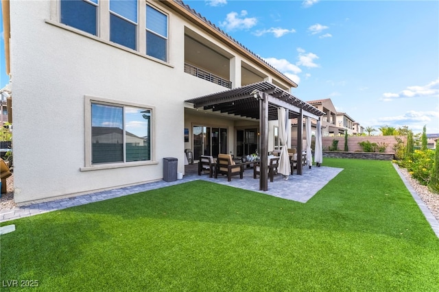 212 Harris Peak St, Las Vegas, NV 89138 - back of property featuring a fenced backyard, a patio area, stucco siding, an outdoor hangout area, and a pergola