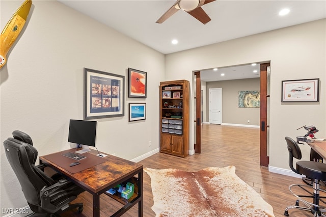 2116 Canvas Edge Dr, Henderson, NV 89044 - office with a ceiling fan, recessed lighting, baseboards, and light wood-style floors