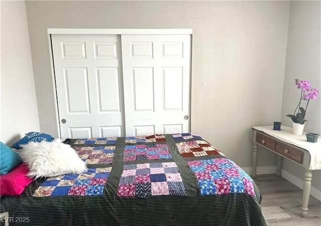 bedroom featuring wood finished floors, a closet, and baseboards