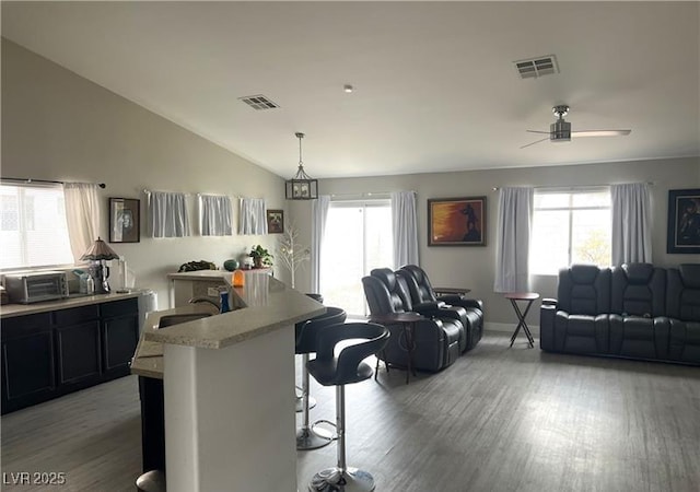 kitchen featuring light wood-type flooring, a kitchen breakfast bar, open floor plan, lofted ceiling, and a ceiling fan