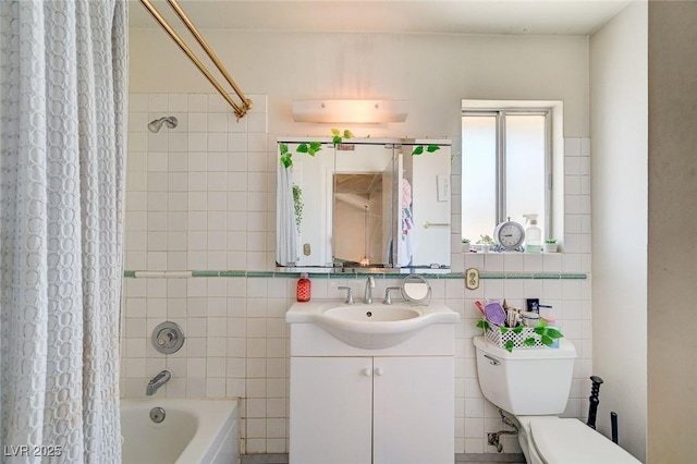 3138 White Rose Way, Henderson, NV 89014 - bathroom featuring vanity, shower / bath combination with curtain, and tile walls