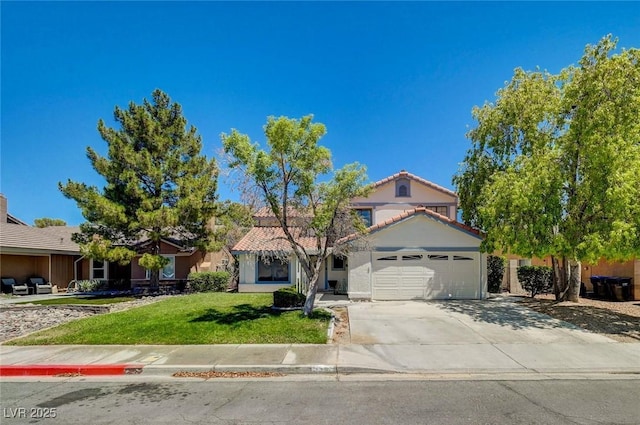 3138 White Rose Way, Henderson, NV 89014 - mediterranean / spanish house with a garage, a front lawn, concrete driveway, and stucco siding