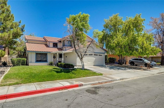3138 White Rose Way, Henderson, NV 89014 - view of front facade with a tile roof, stucco siding, concrete driveway, a front yard, and a garage