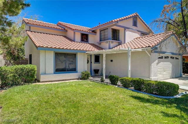 3138 White Rose Way, Henderson, NV 89014 - mediterranean / spanish-style house featuring a tiled roof, an attached garage, stucco siding, and a front yard