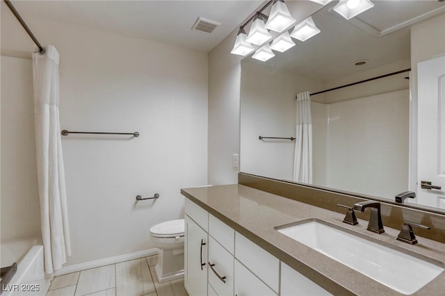 full bath with toilet, vanity, baseboards, and shower / bath combination with curtain