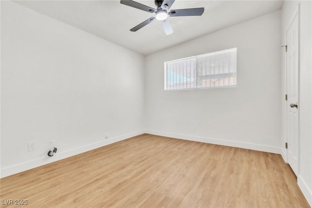 unfurnished room with light wood-style floors, baseboards, and ceiling fan