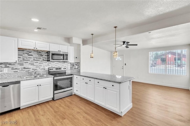 kitchen with stainless steel appliances, a sink, ceiling fan, light wood finished floors, and recessed lighting