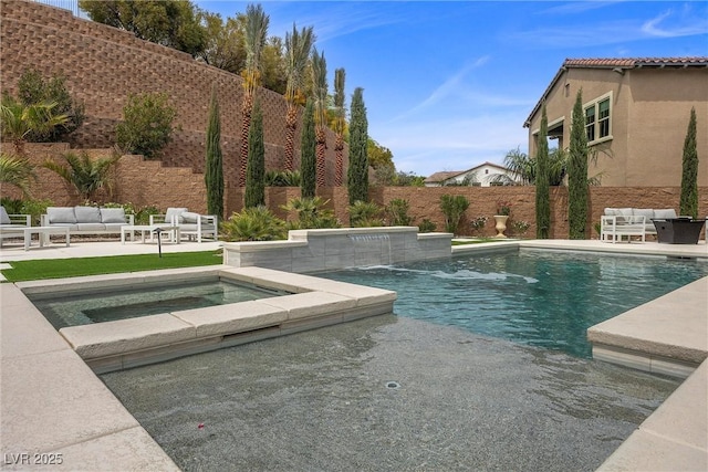 4220 San Alivia Ct, Las Vegas, NV 89141 - view of pool featuring outdoor lounge area, an in-ground hot tub, a patio, and a fenced backyard