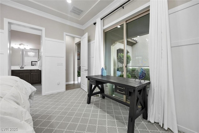 4220 San Alivia Ct, Las Vegas, NV 89141 - bedroom featuring ornamental molding, a sink, light carpet, and ensuite bathroom