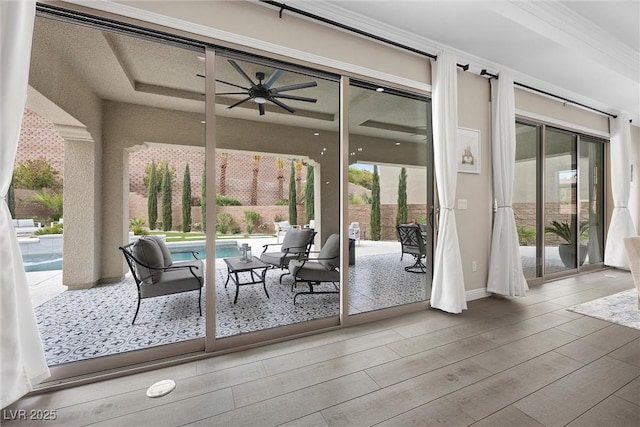 4220 San Alivia Ct, Las Vegas, NV 89141 - view of patio / terrace featuring a ceiling fan and an outdoor pool
