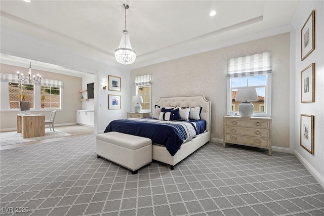 4220 San Alivia Ct, Las Vegas, NV 89141 - carpeted bedroom with a chandelier, a tray ceiling, and baseboards