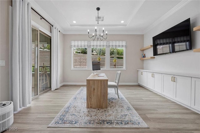 4220 San Alivia Ct, Las Vegas, NV 89141 - home office with ornamental molding, light wood-type flooring, a chandelier, baseboards, and recessed lighting