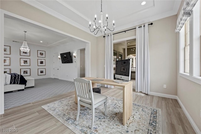 4220 San Alivia Ct, Las Vegas, NV 89141 - dining room featuring a chandelier, a barn door, light wood-style floors, baseboards, and ornamental molding