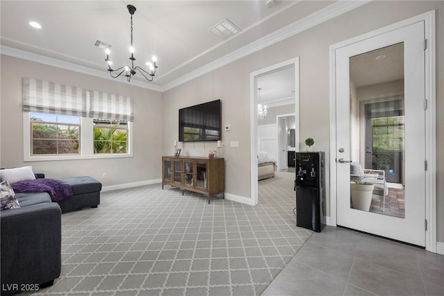 4220 San Alivia Ct, Las Vegas, NV 89141 - living room with a chandelier, ornamental molding, carpet flooring, and baseboards