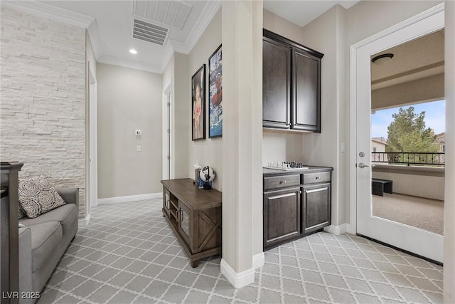 4220 San Alivia Ct, Las Vegas, NV 89141 - hallway with crown molding, light carpet, and baseboards