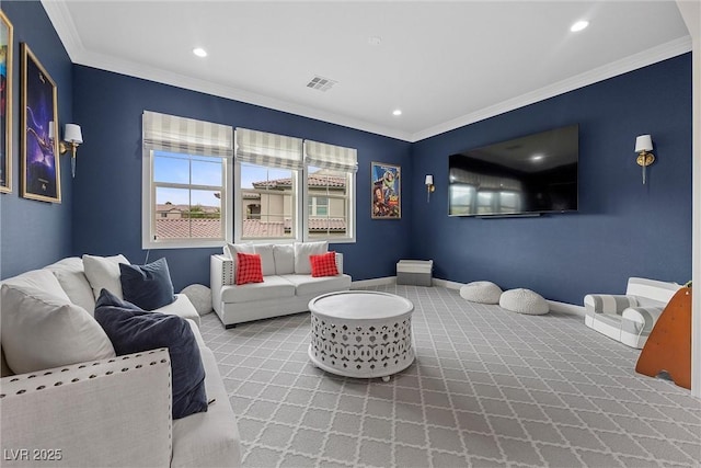 4220 San Alivia Ct, Las Vegas, NV 89141 - living room with carpet floors, recessed lighting, ornamental molding, and baseboards
