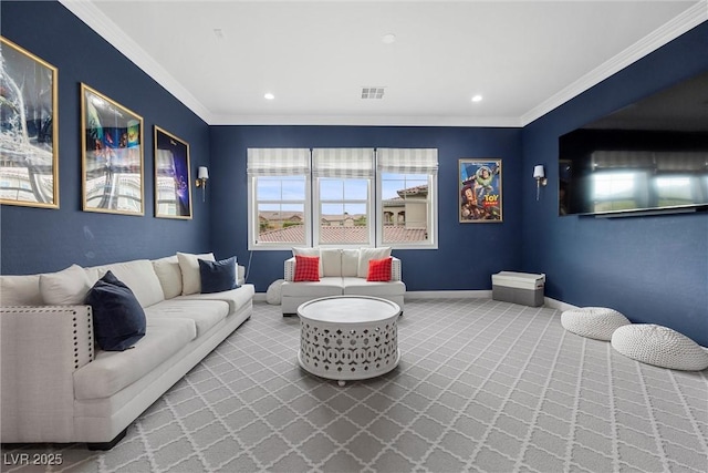4220 San Alivia Ct, Las Vegas, NV 89141 - carpeted living room with crown molding, baseboards, and recessed lighting